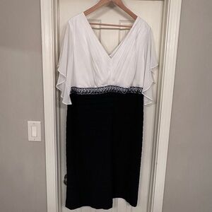 Adrianna Papell White and Black V-Neck Midi Dress with Embroidered Waist